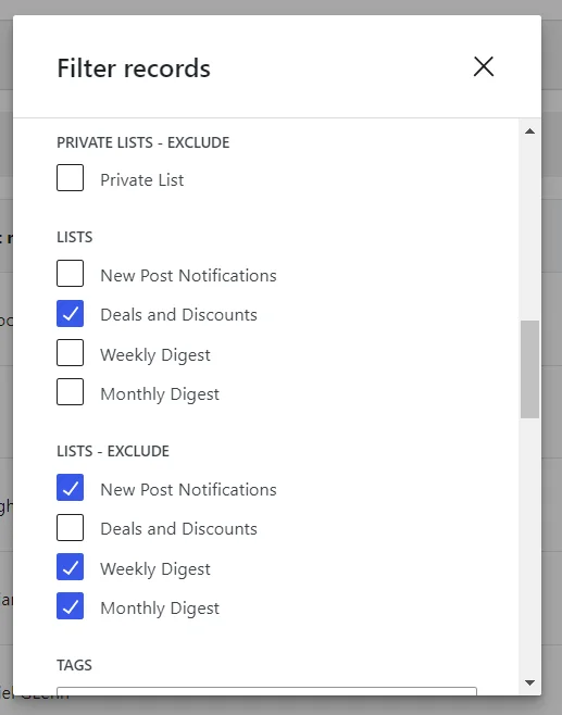filter susbcribers by list modal