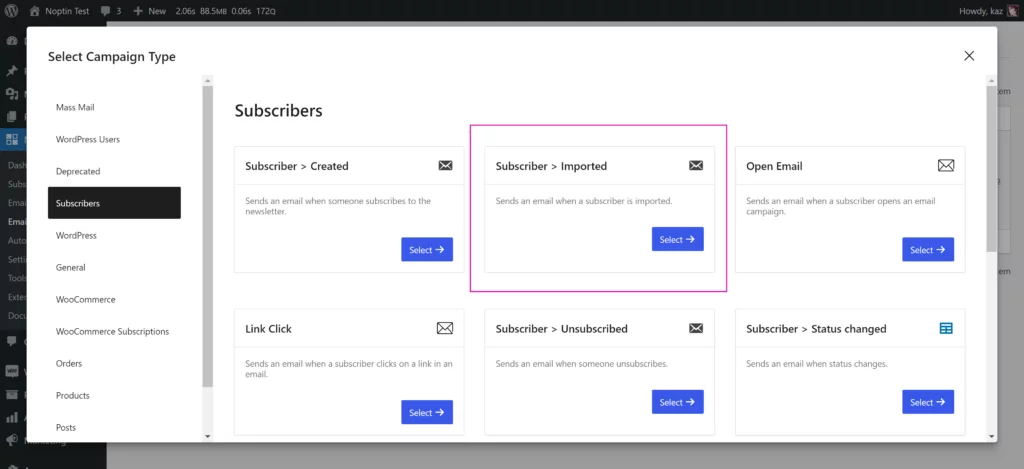 Select subscriber imported automation type