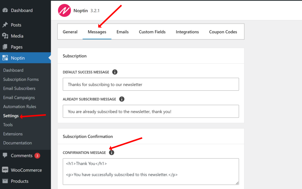 change subscription confirmation message