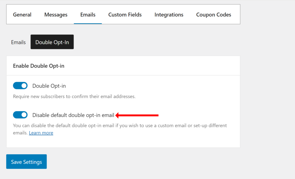 disable default double optin email