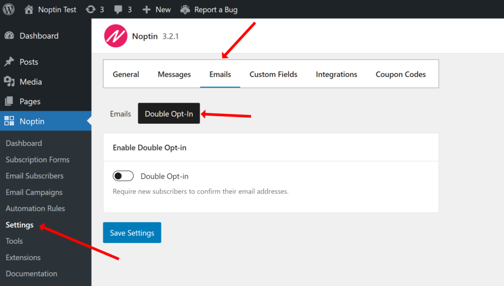 open double optin settings page