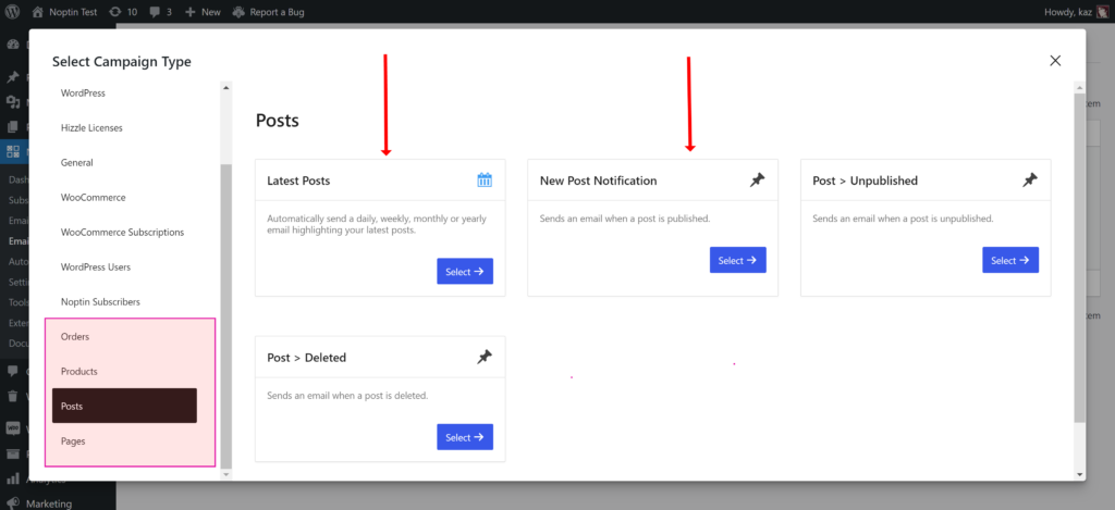 select new post notification type