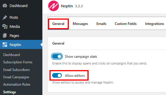 The steps to allow editors to access and manage Noptin