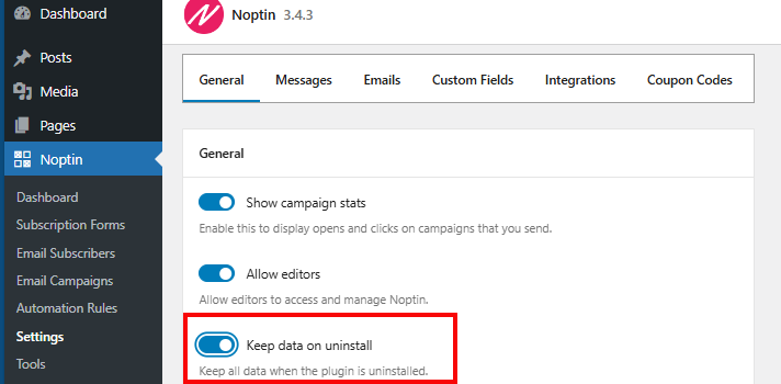 A screengrab of the keep data uninstall button that will keep your data intact when you uninstall Noptin