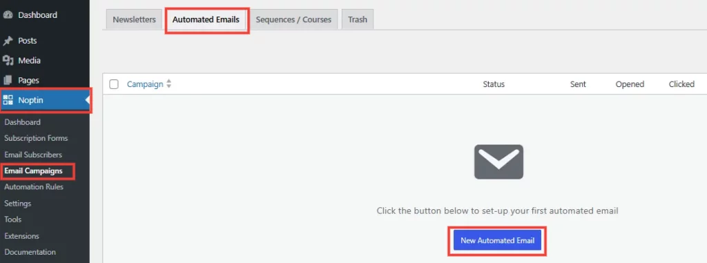 how to create a new automated email campaign in noptin