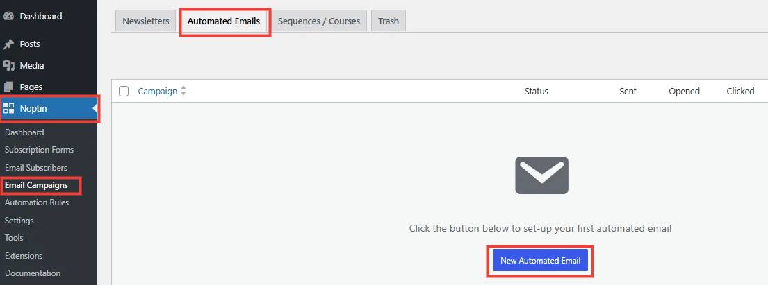 how to create a new automated email campaign in noptin