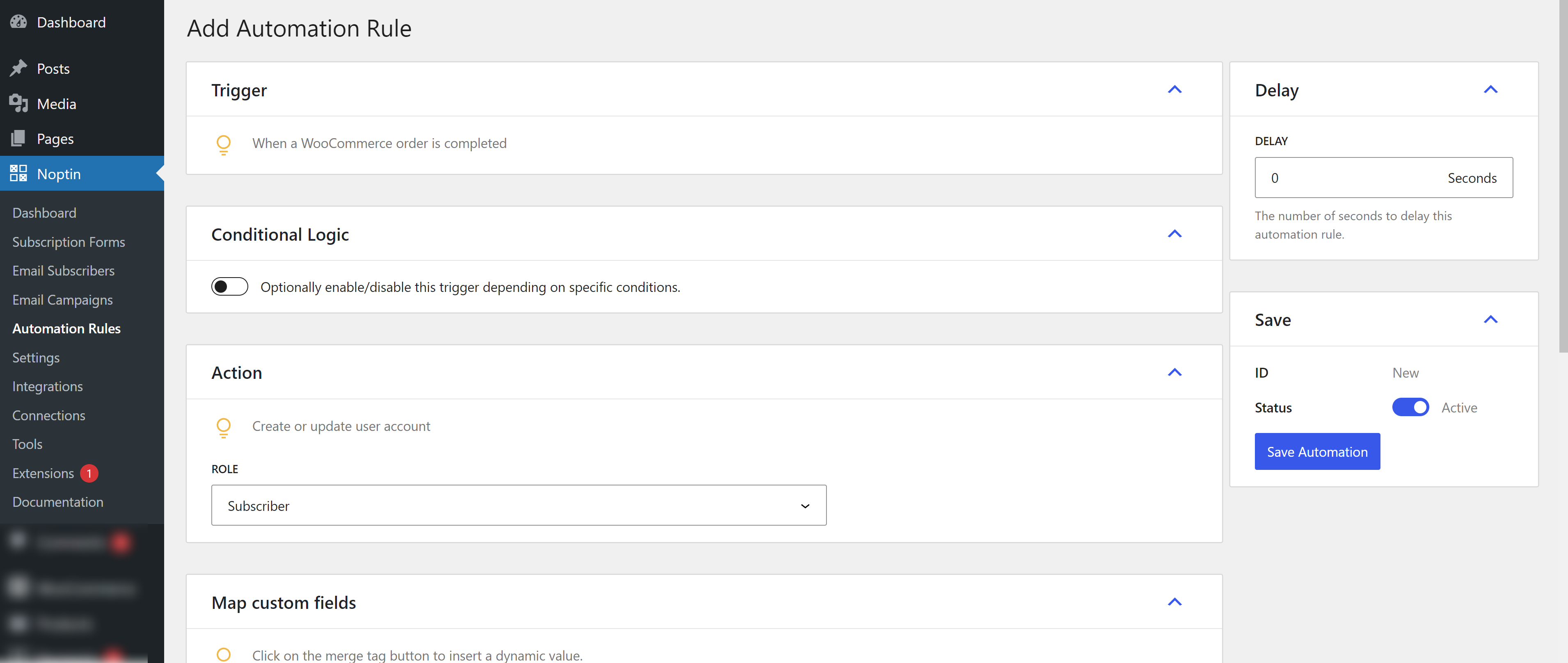 Noptin automation rule edit page