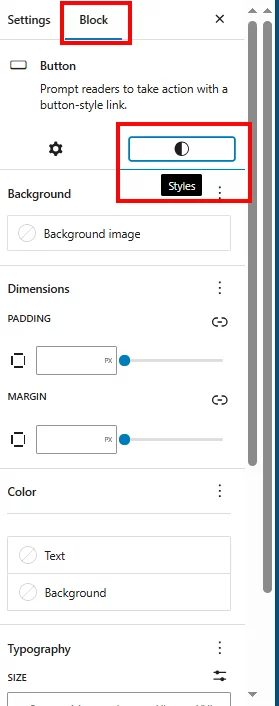 The styles tab lets you change the button margin, padding, colors, typography, and border settings.