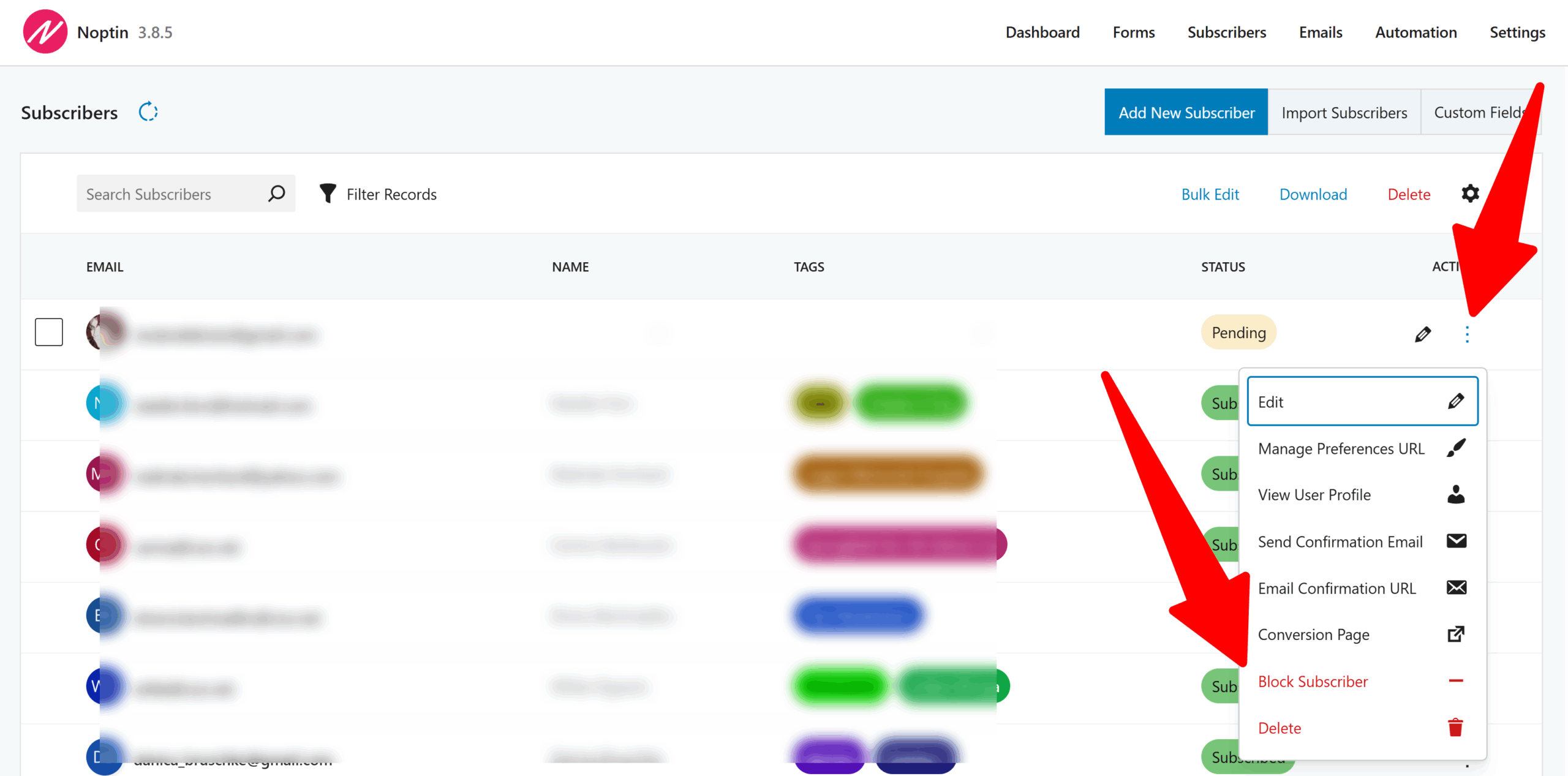 Block a single subscriber in Noptin