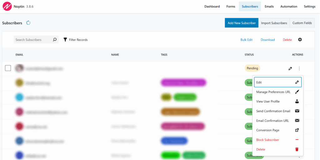 new noptin subscribers screen