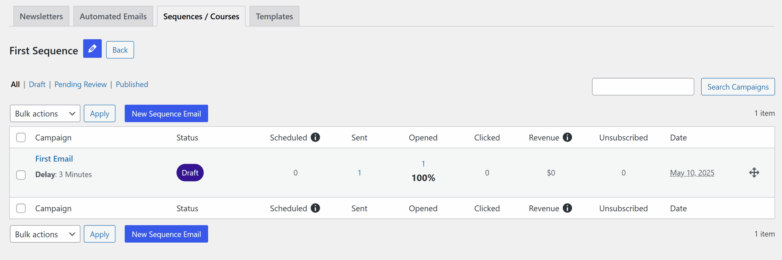 Email sequence overview page