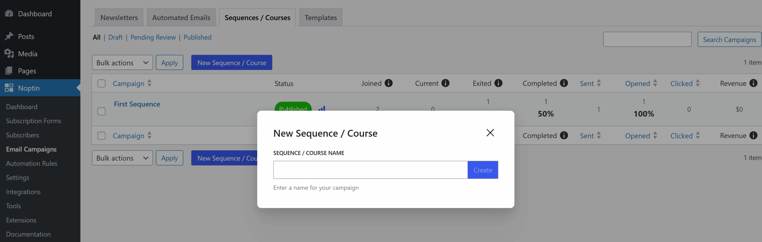 Creating a new email sequence in Noptin