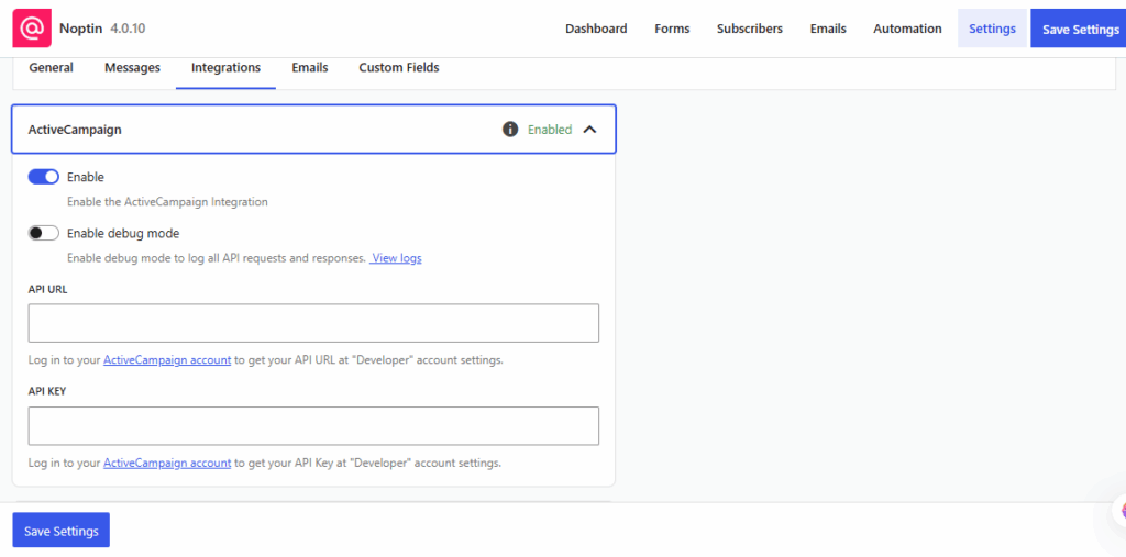 ActiveCampaign Integration settings