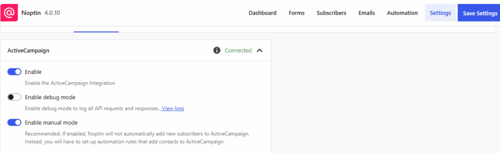 ActiveCampaign settings page