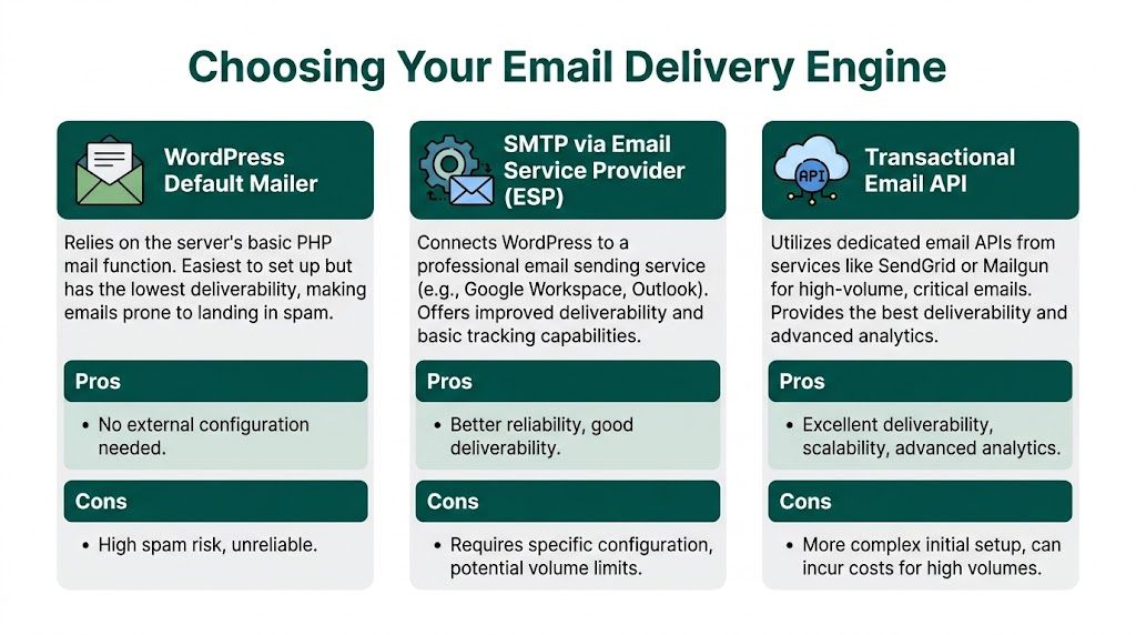 A comparison chart outlining the three primary methods for handling email delivery for a WordPress website.