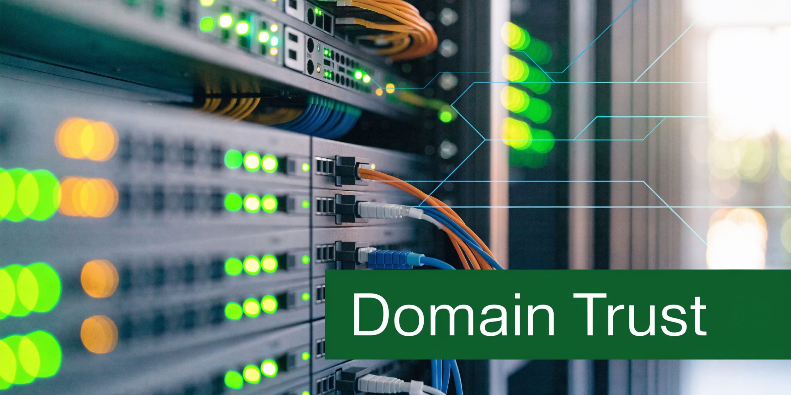 A close-up view of a network server rack with glowing indicator lights and connected ethernet cables.