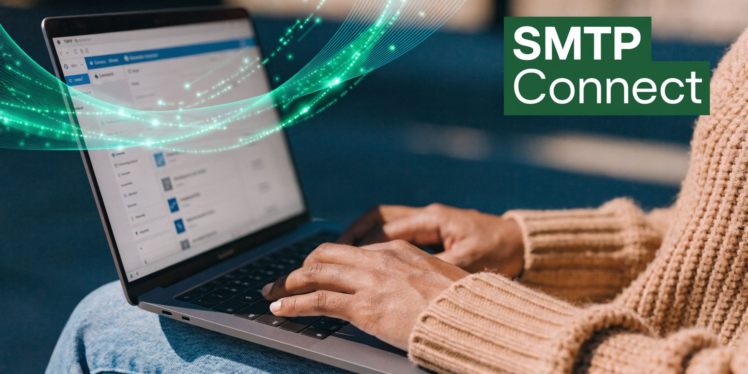 A person wearing a beige sweater typing on a laptop with digital data streams overlaying the screen.