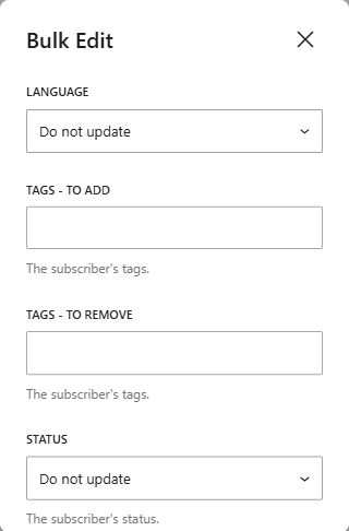 Noptin Bulk Edit dialog showing language, tags, and status fields