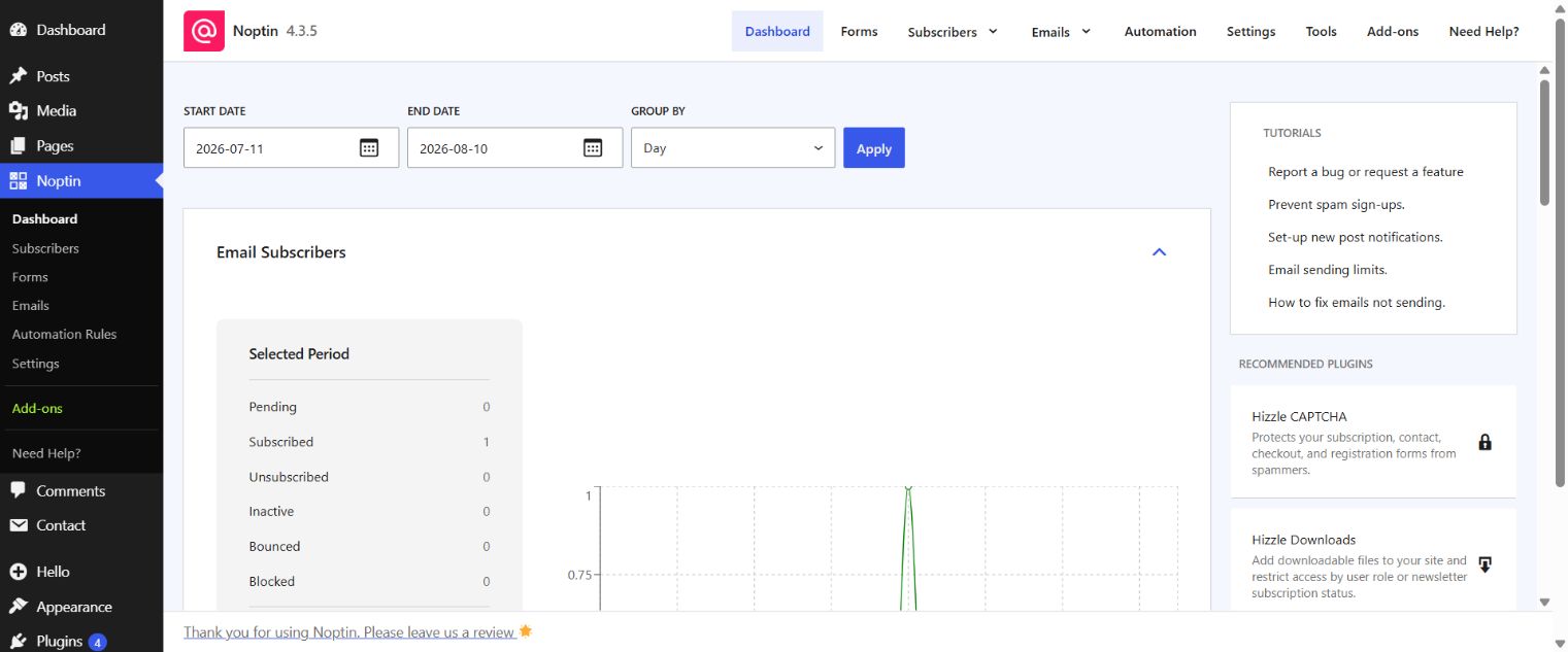 Noptin dashboard showing date filters and the Email Subscribers report