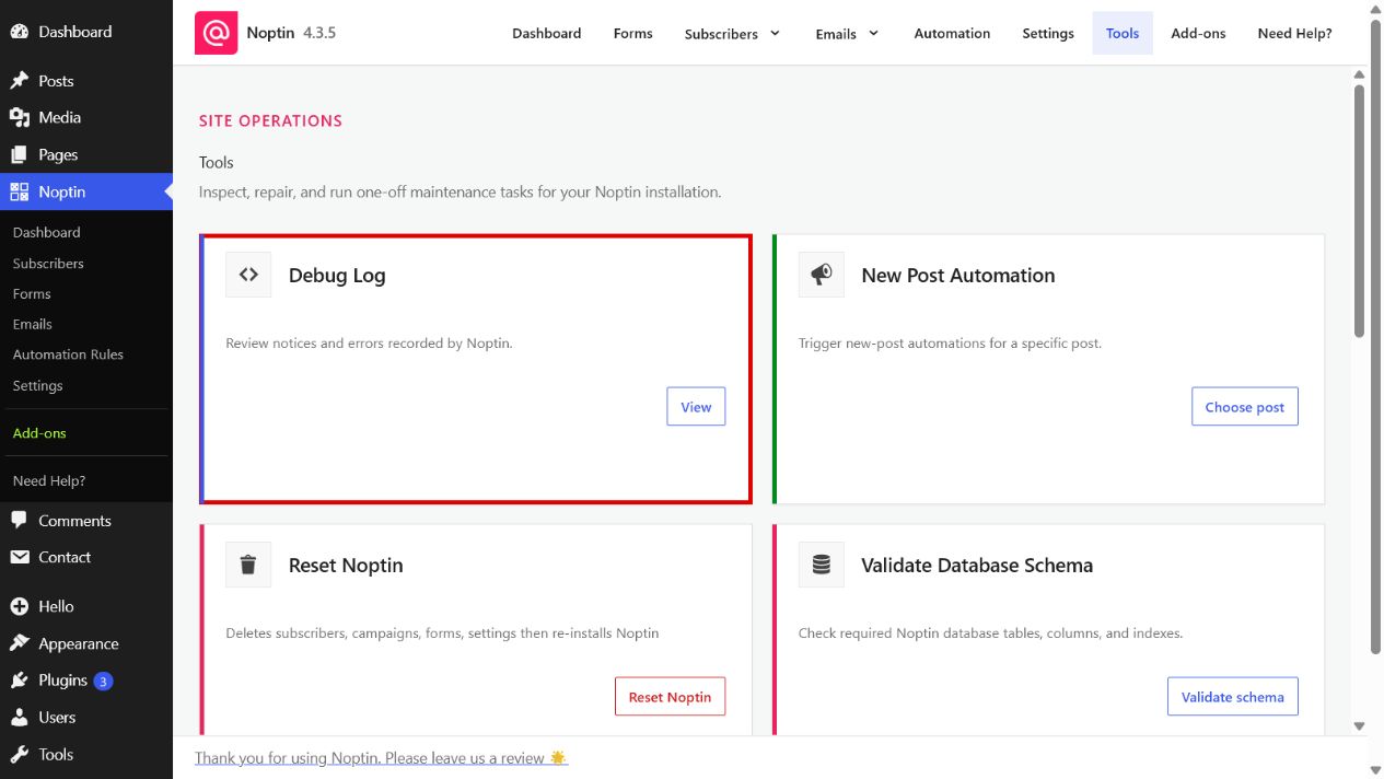The Debug Log card highlighted on the Noptin Tools page