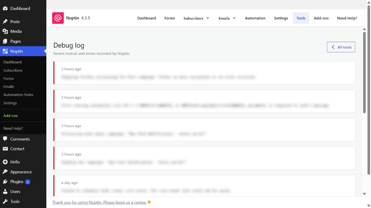 The Noptin Debug Log with message details blurred