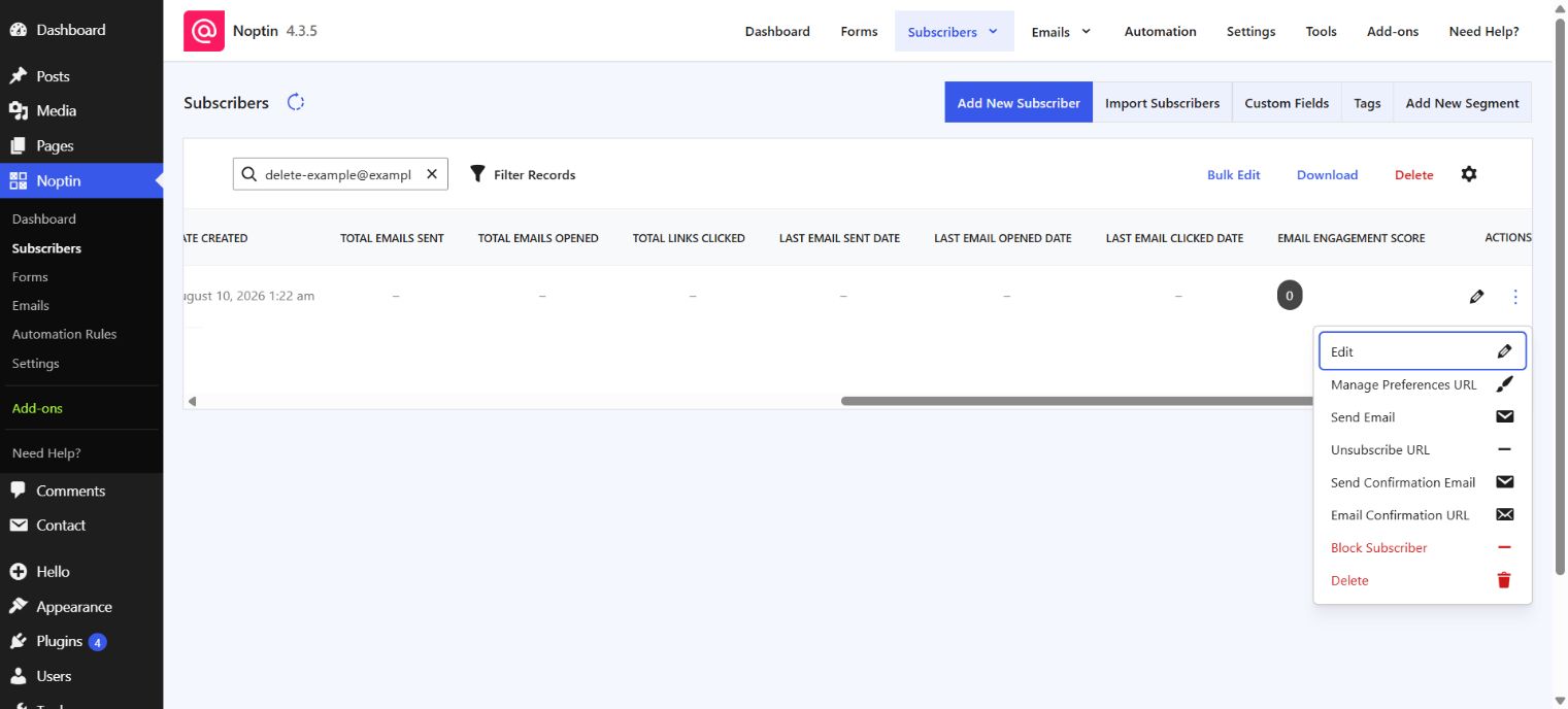 Noptin subscriber Actions menu with the Delete action