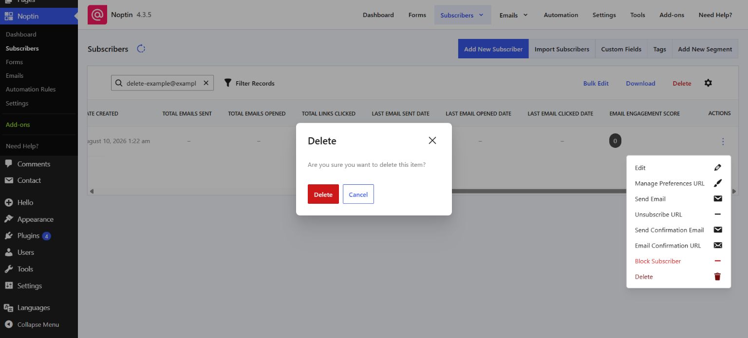 Noptin confirmation dialog shown before permanently deleting a subscriber