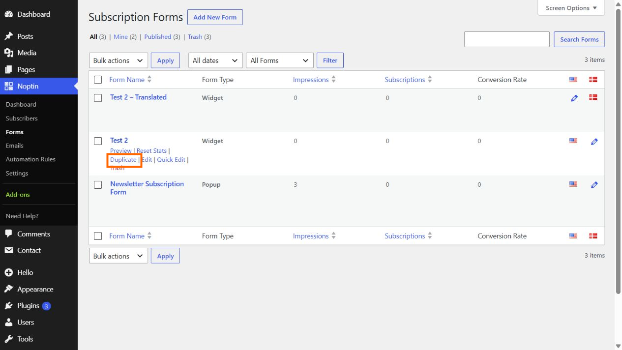 The Noptin Subscription Forms screen with the Duplicate row action highlighted