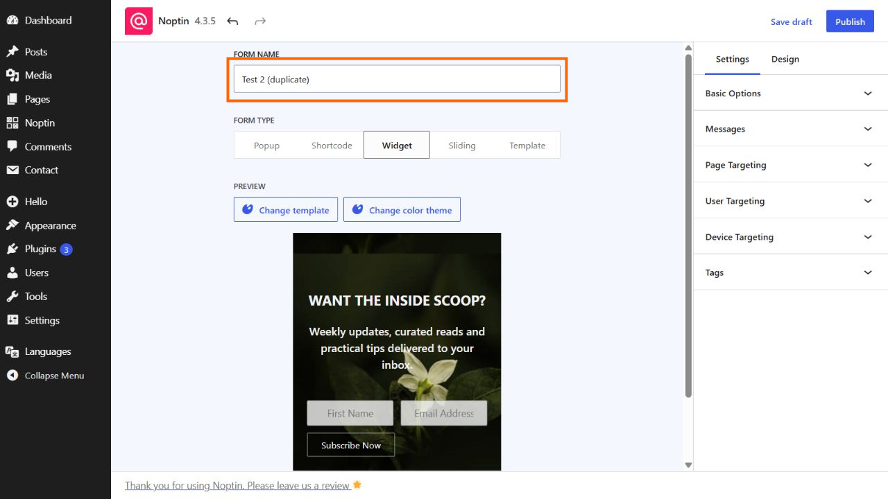 The Noptin form editor showing a duplicated form named Test 2 (duplicate)