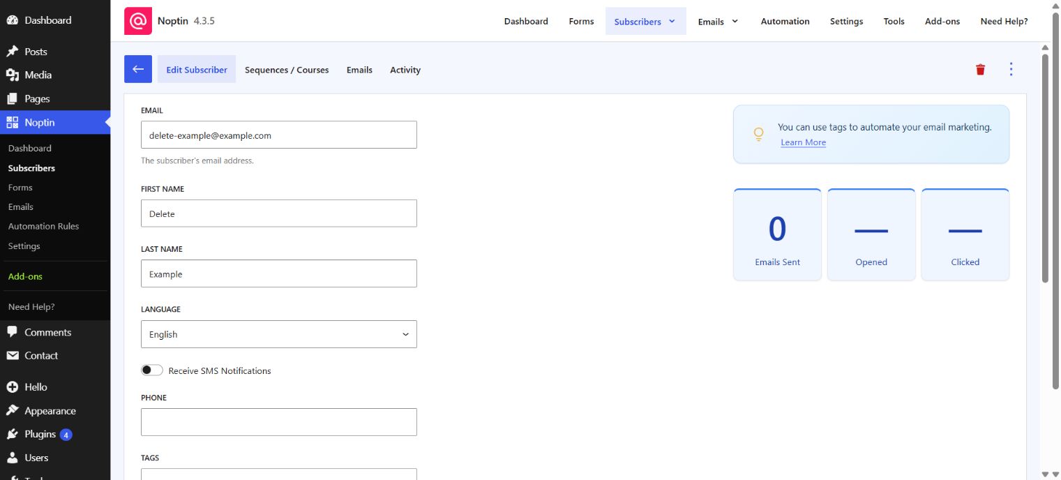 Noptin Edit Subscriber screen showing email, name, language, phone, and tags fields