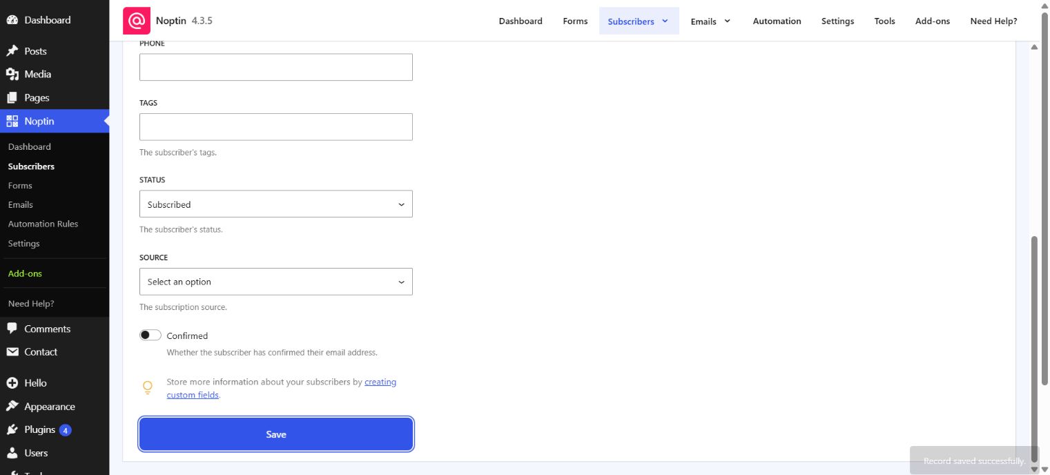 Noptin Edit Subscriber screen showing status, source, confirmation, and Save controls with a success message