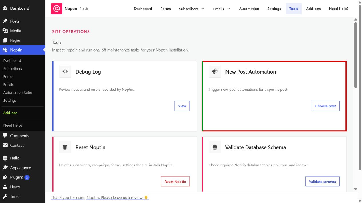 The New Post Automation card highlighted on the Noptin Tools page