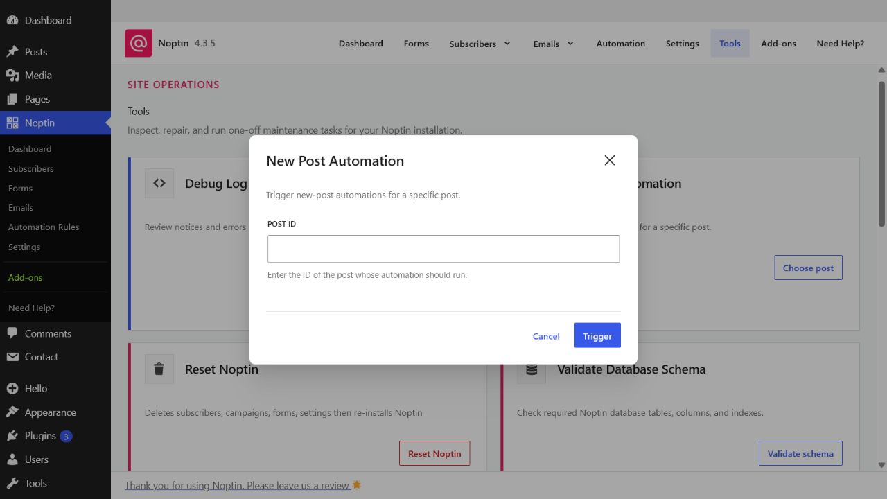 The New Post Automation tool form in Noptin