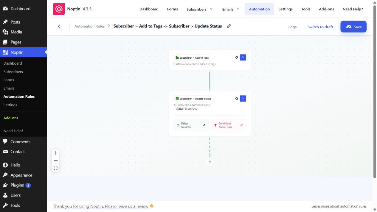 Noptin visual automation editor with trigger and action cards