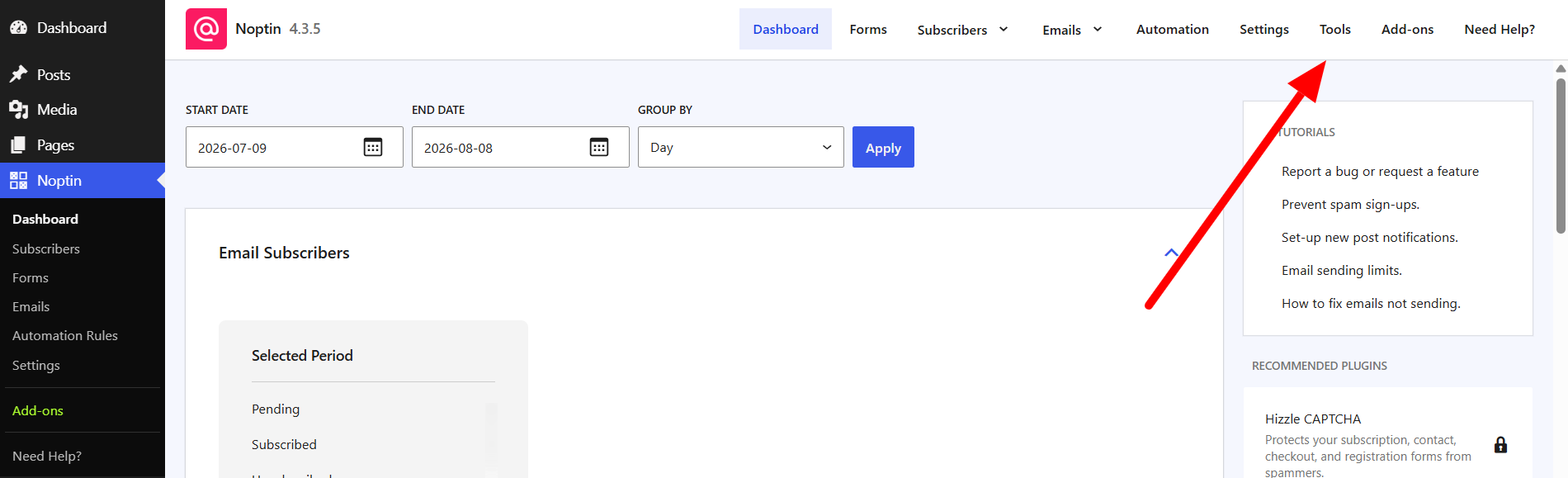 The Tools link in the top navigation of the Noptin dashboard