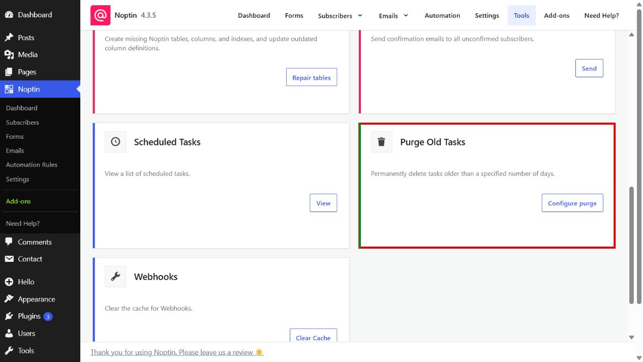 The Purge Old Tasks card highlighted on the Noptin Tools page