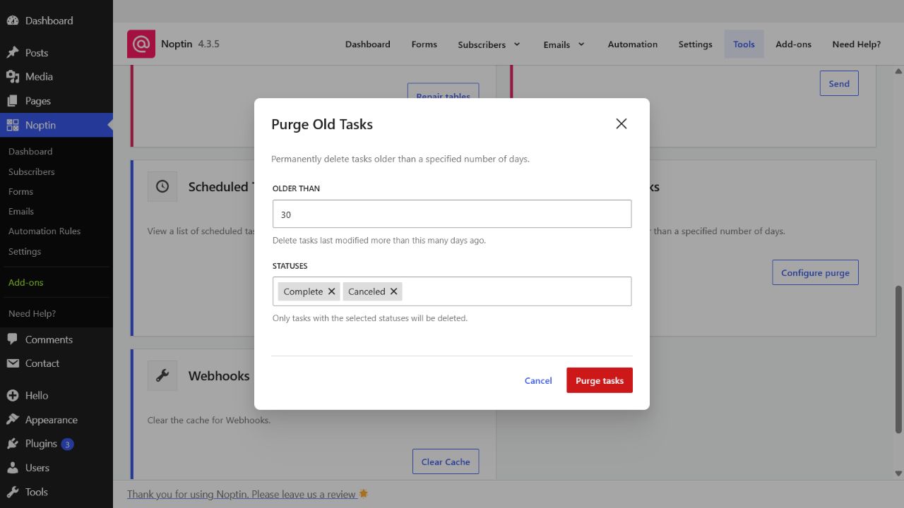 The Purge Old Tasks form in Noptin