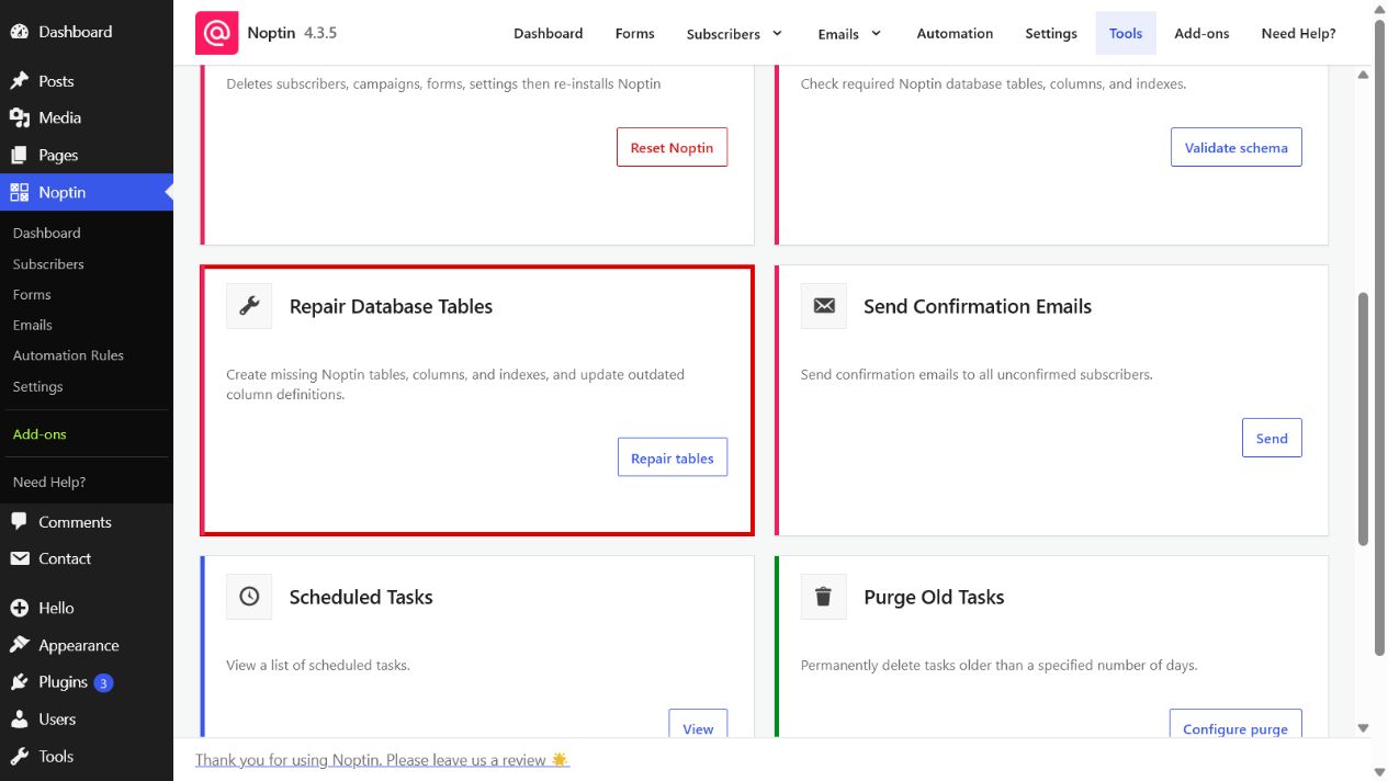 The Repair Database Tables card highlighted on the Noptin Tools page