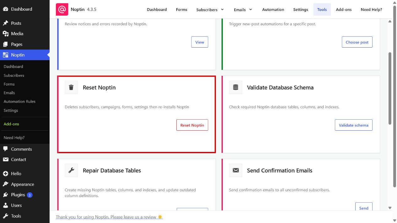 The Reset Noptin card highlighted on the Noptin Tools page