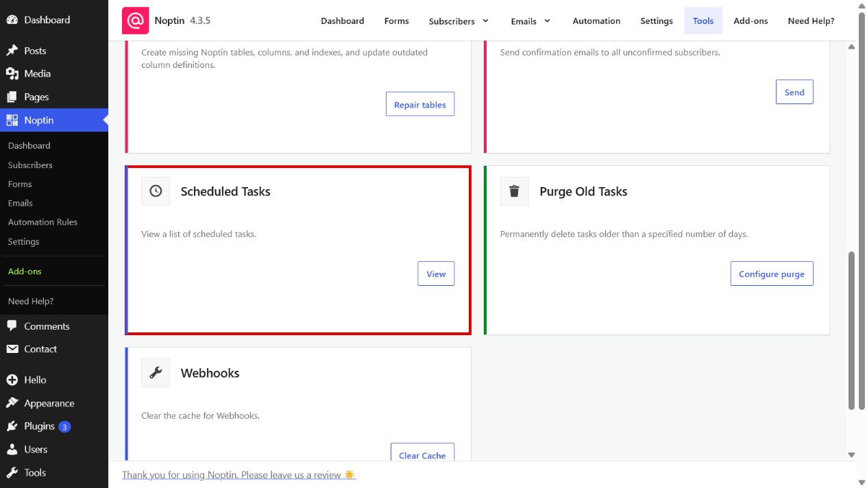 The Scheduled Tasks card highlighted on the Noptin Tools page