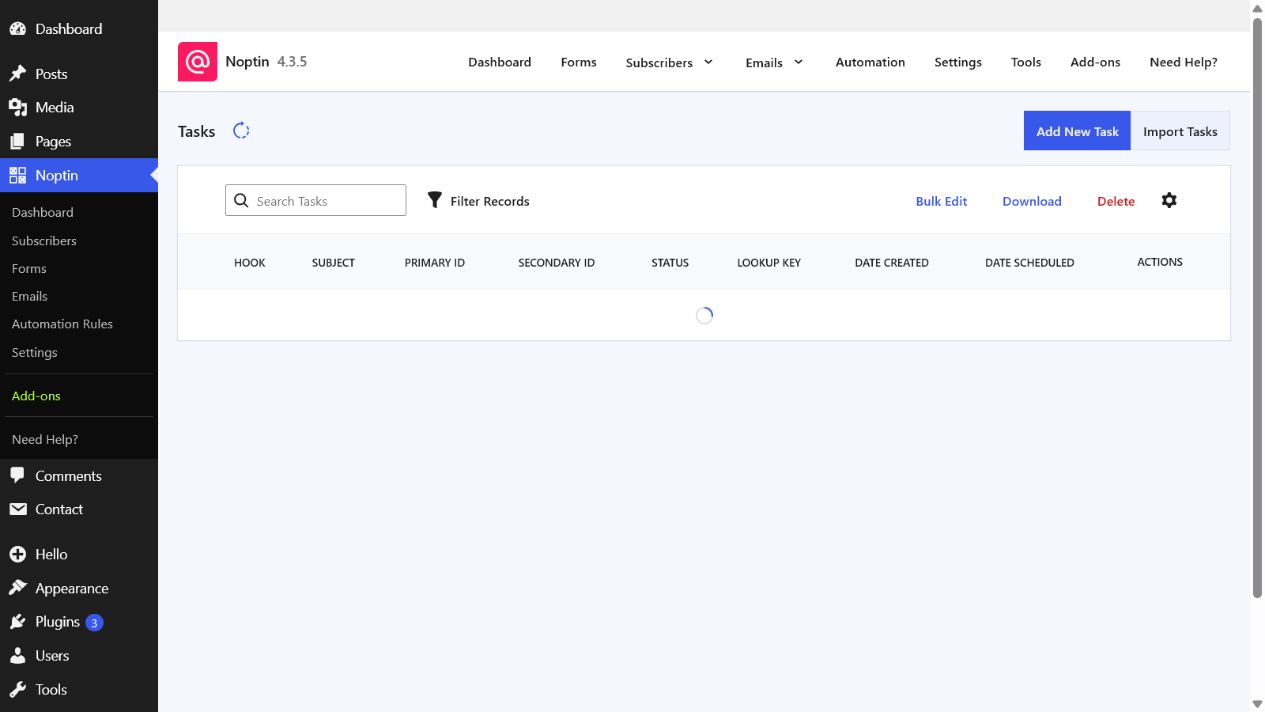 The Scheduled Tasks screen in Noptin