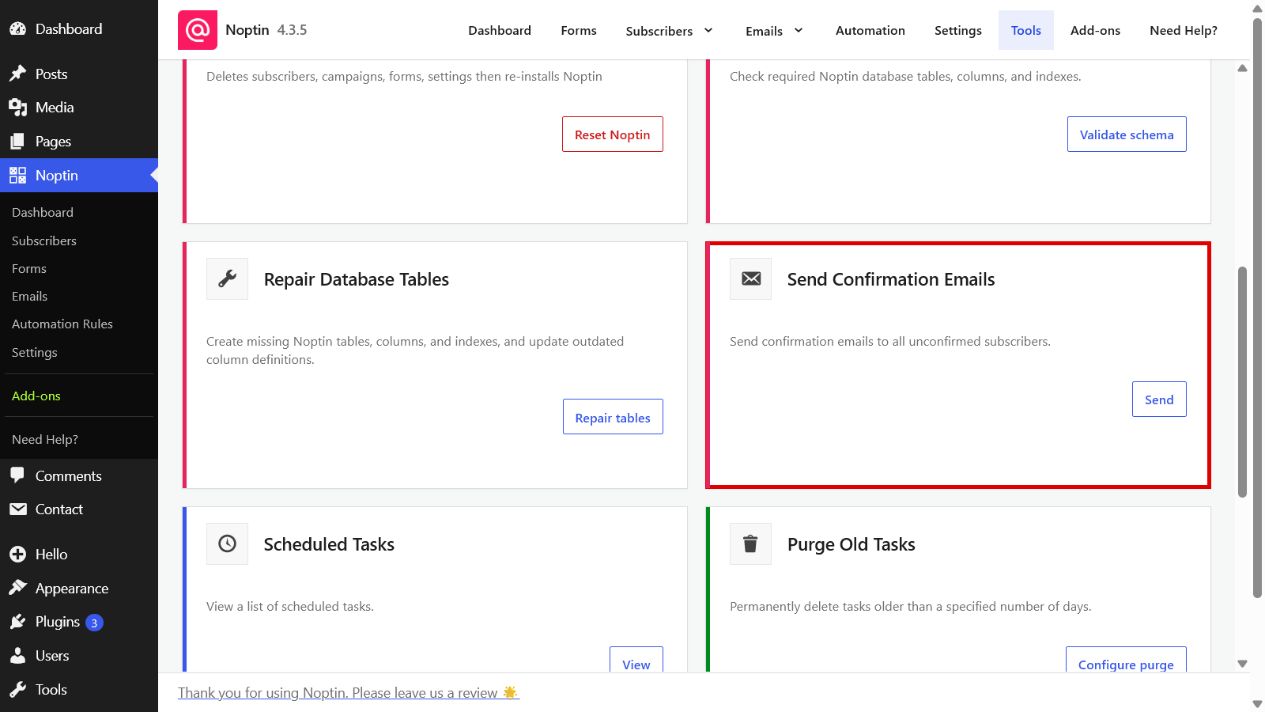The Send Confirmation Emails card highlighted on the Noptin Tools page