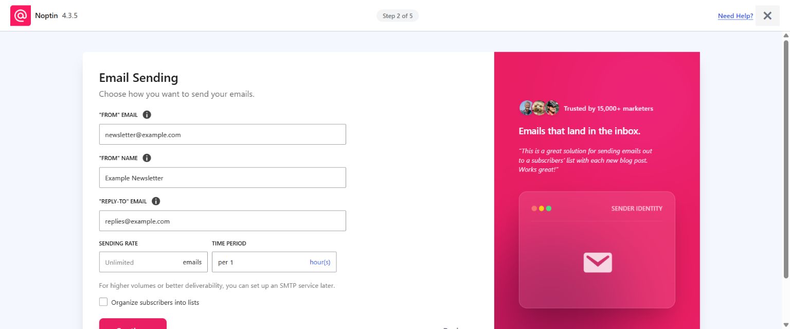 Noptin setup wizard email sending step with From Email, From Name, Reply-to Email, and sending rate fields