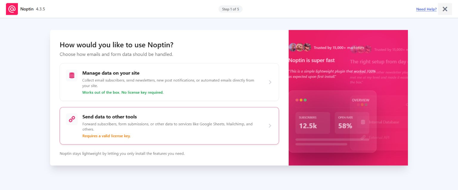 Noptin setup wizard asking whether to manage data on the site or send data to other tools