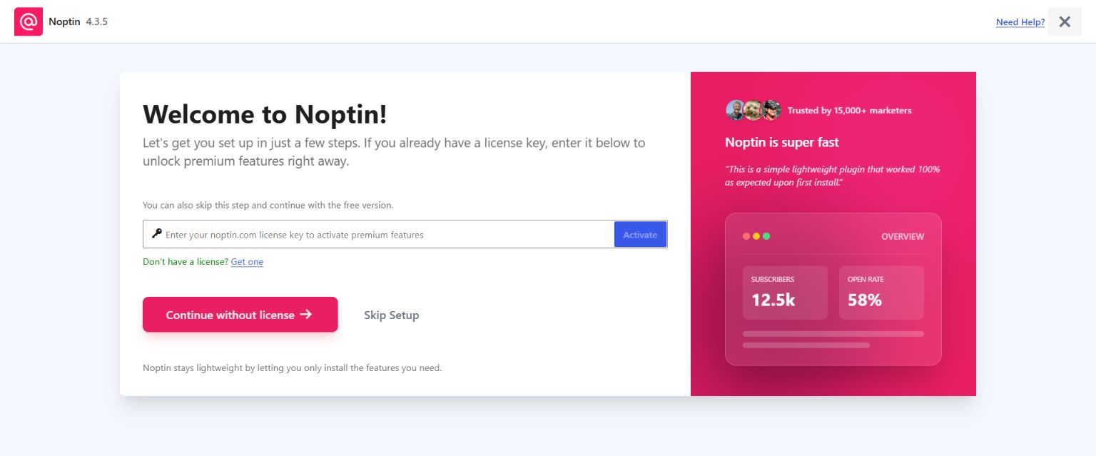 Noptin setup wizard welcome screen with license activation and Continue without license options