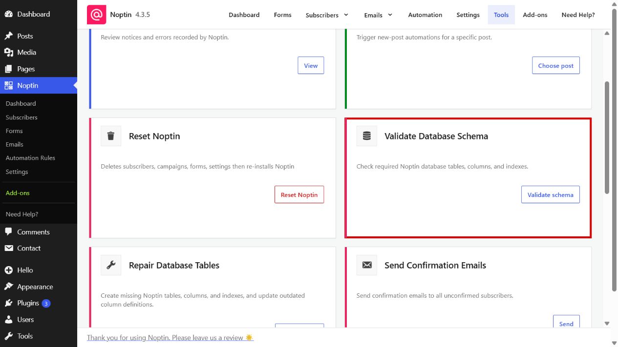 The Validate Database Schema card highlighted on the Noptin Tools page