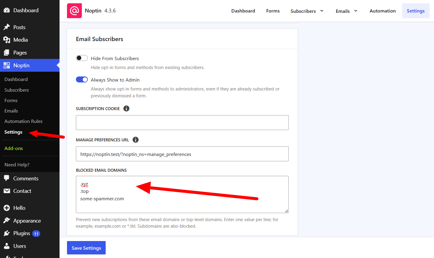 The Blocked Email Domains field in Noptin settings containing two TLDs and one email domain