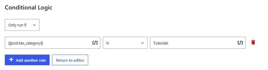 Configure Noptin to send a notification only when you publish a post in the Tutorials category.