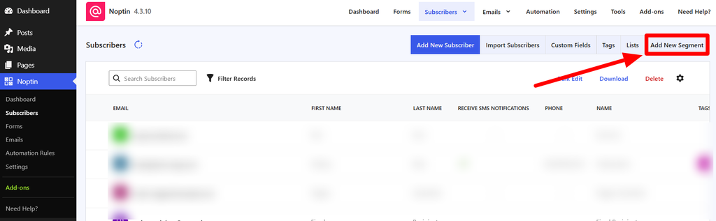Noptin add new segment button